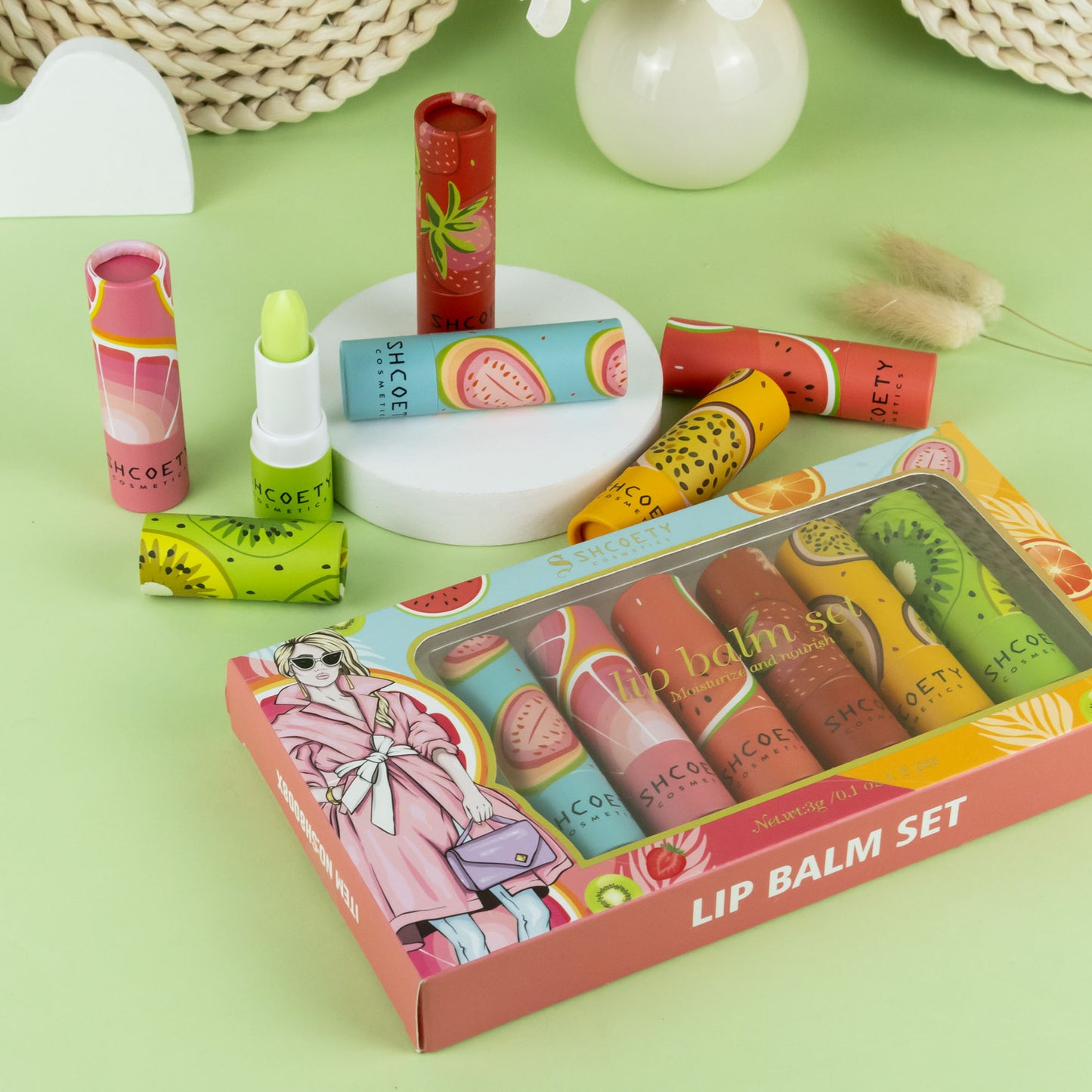 6-teiliges Lippenbalsam-Set mit Fruchtmotiven, feuchtigkeitsspendende, schimmernde Lippenstifte, nährendes Anti-Spritzen-Lippenpflegeset