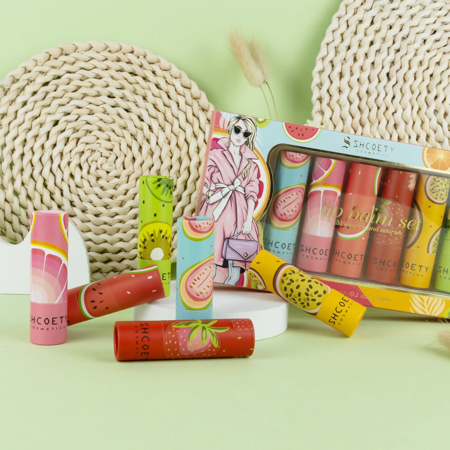 6-teiliges Lippenbalsam-Set mit Fruchtmotiven, feuchtigkeitsspendende, schimmernde Lippenstifte, nährendes Anti-Spritzen-Lippenpflegeset