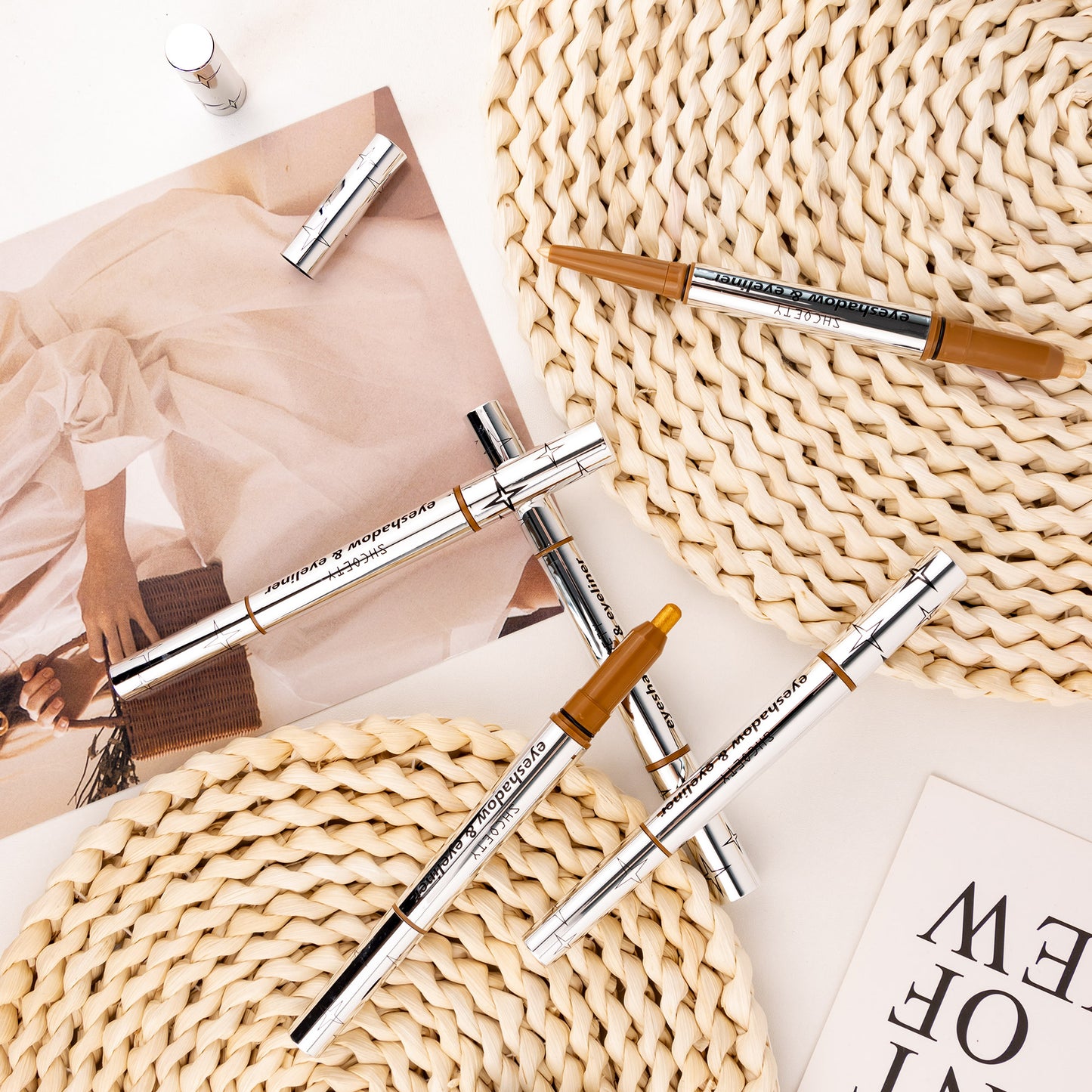 SHCOETY 5 FARBEN Lidschatten + Eyeliner mit zwei Enden, Creme-Lidschatten und sanft gleitender Eyeliner – wasserfest und knitterfrei