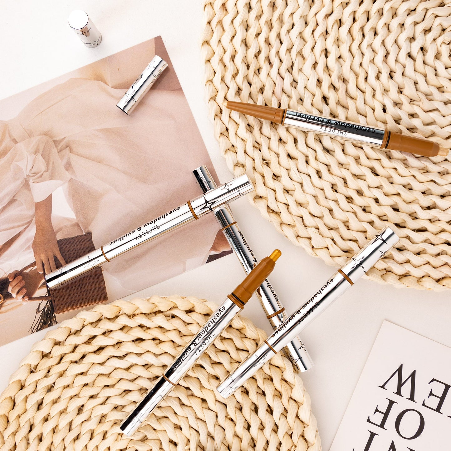 SHCOETY 5 FARBEN Lidschatten + Eyeliner mit zwei Enden, Creme-Lidschatten und sanft gleitender Eyeliner – wasserfest und knitterfrei, Farb-Geschenkset