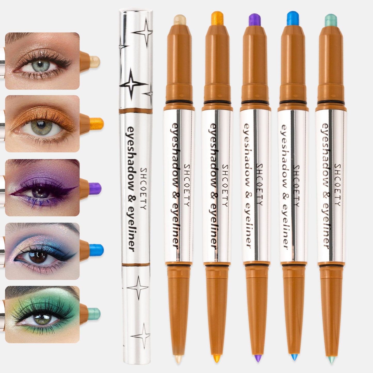 SHCOETY 5 FARBEN Lidschatten + Eyeliner mit zwei Enden, Creme-Lidschatten und sanft gleitender Eyeliner – wasserfest und knitterfrei, Farb-Geschenkset