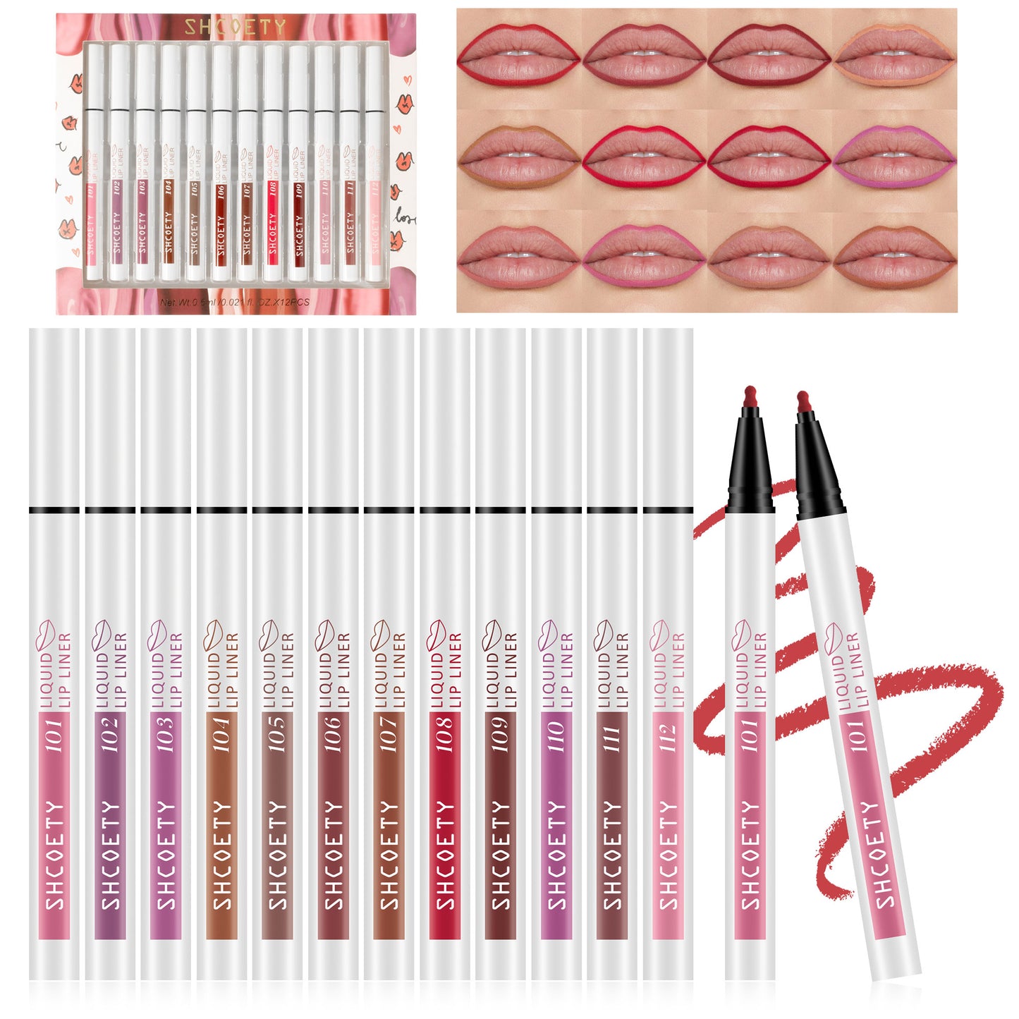 SHCOETY 12 Farben Matte Liquid Lip Liner Set, Dual-Use-Lippenstift und Lipliner Combo, Einfach aufzutragen, Langanhaltende, Viskose Formel, Soft Tip Applikator, Lippen Make-Up Geschenkset