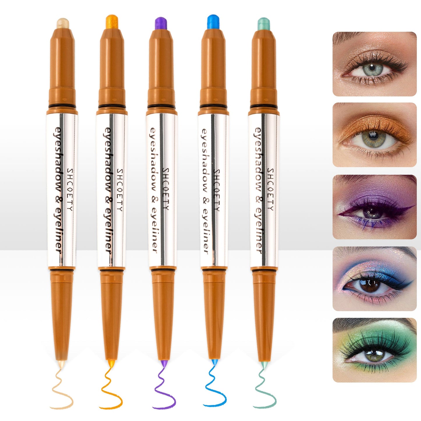 SHCOETY 5 FARBEN Lidschatten + Eyeliner mit zwei Enden, Creme-Lidschatten und sanft gleitender Eyeliner – wasserfest und knitterfrei, Farb-Geschenkset