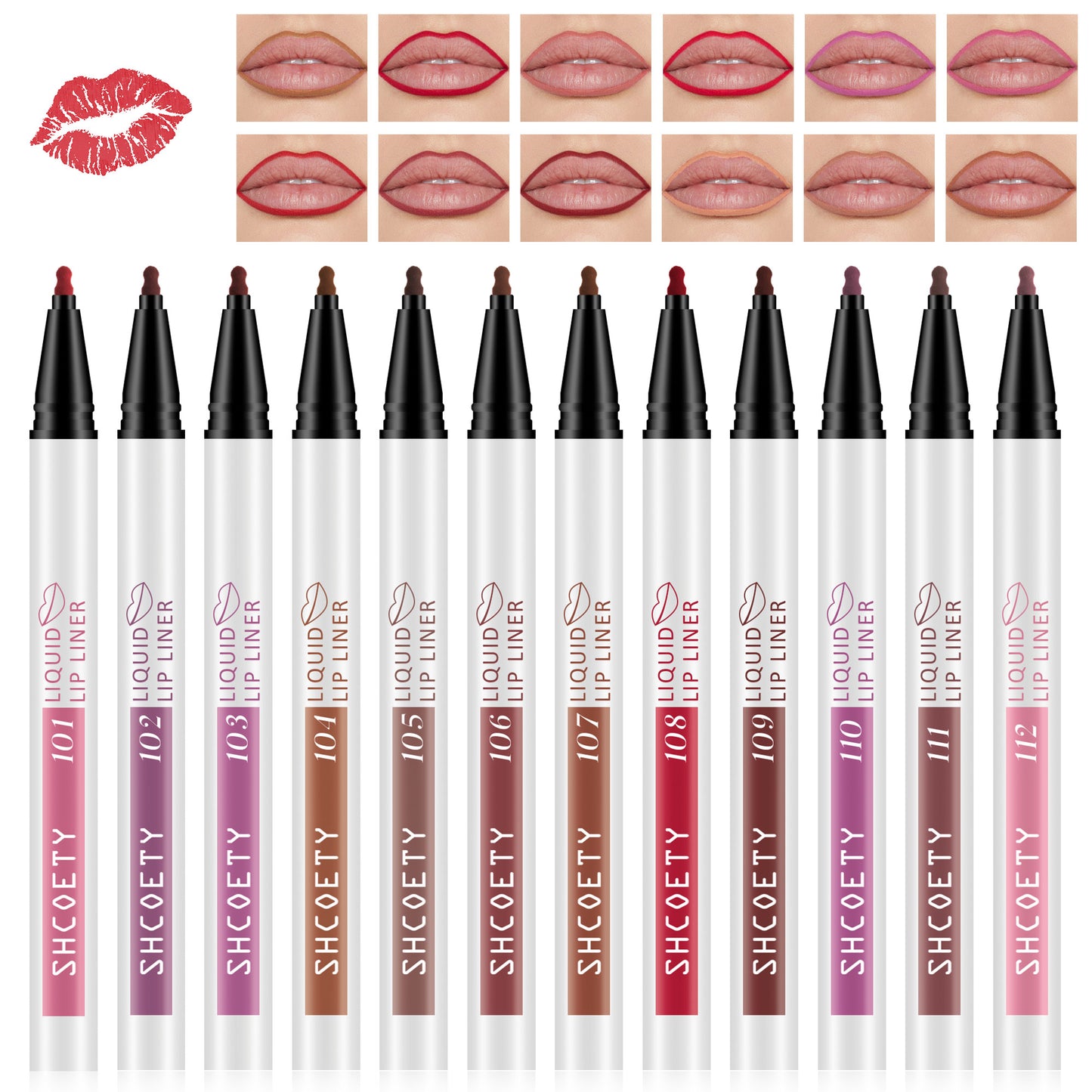 SHCOETY 12 Farben Matte Liquid Lip Liner Set, Dual-Use-Lippenstift und Lipliner Combo, Einfach aufzutragen, Langanhaltende, Viskose Formel, Soft Tip Applikator, Lippen Make-Up Geschenkset