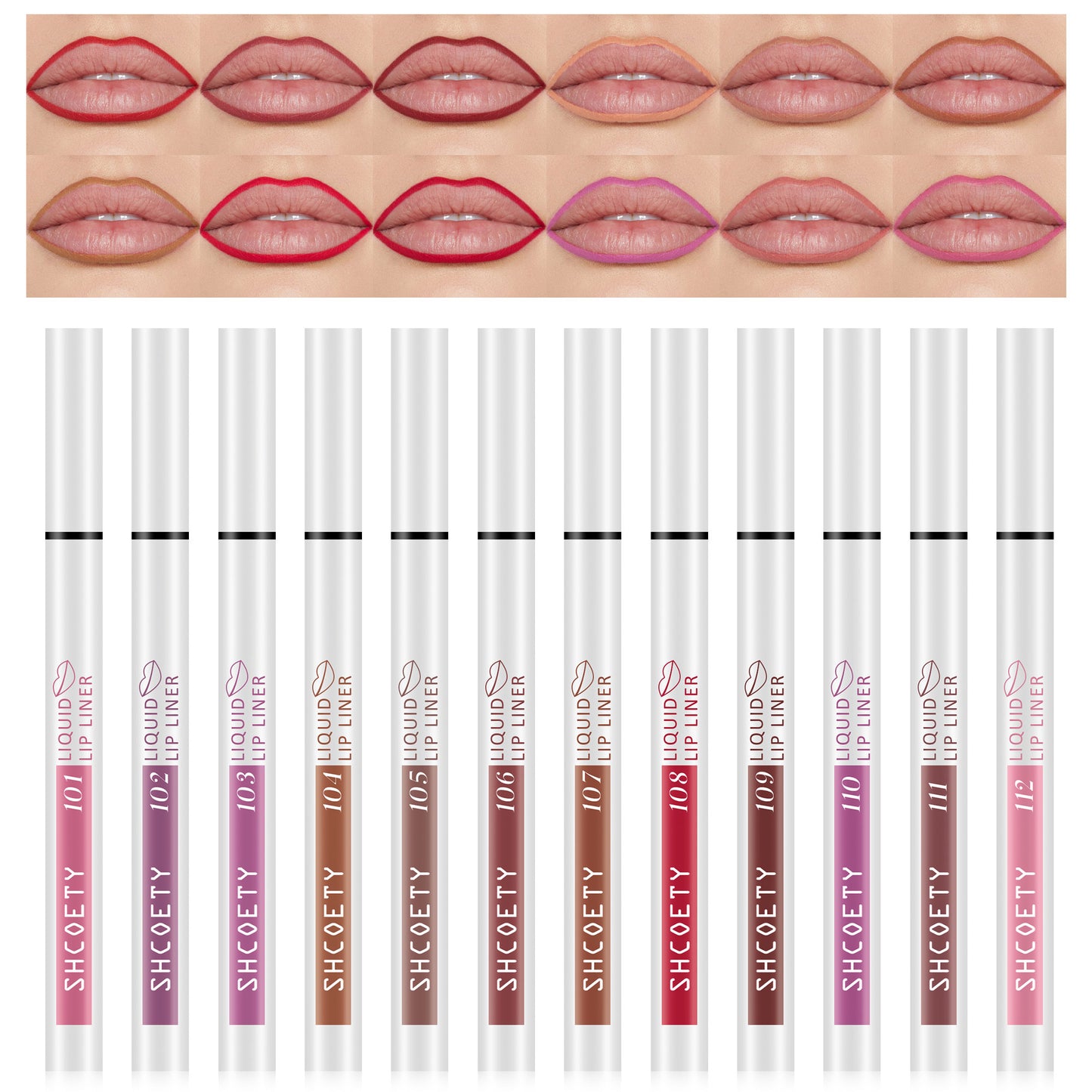 SHCOETY 12 Farben Matte Liquid Lip Liner Set, Dual-Use-Lippenstift und Lipliner Combo, Einfach aufzutragen, Langanhaltende, Viskose Formel, Soft Tip Applikator, Lippen Make-Up Geschenkset